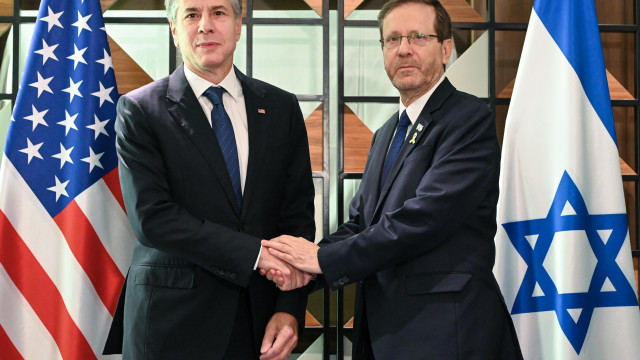 A handout photo made available by the Israeli Government Office shows Israeli President Isaac Herzog (R) during a meeting with US Secretary of State Antony Blinken in Tel Aviv, Israel, 19 August 2024